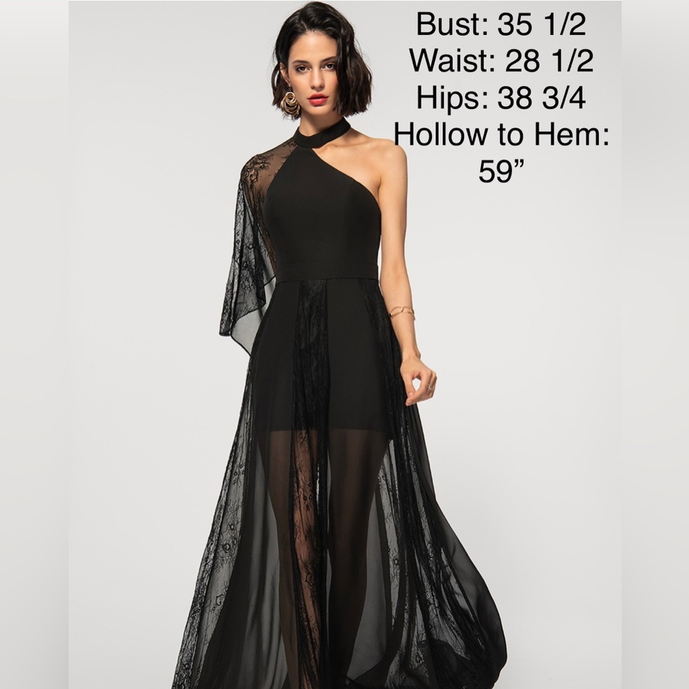 JJs House Black  A-Line One-Shoulder Floor-Length Chiffon Lace Evening Dress NWT